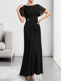 A-Linien-Chiffonkleid mit Rundhalsausschnitt, knöchellang, mit Perlenstickerei und Falten für die Mutter der Braut