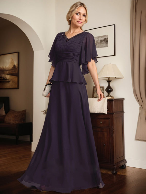 Vestido de gasa para madre de la novia, corte A, escote en V, largo hasta el suelo, con cuentas plisadas