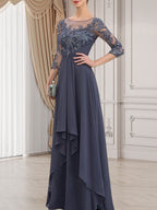 A-Linien-Kleid mit U-Boot-Ausschnitt, Illusion-Effekt, bodenlang, aus Chiffon und Spitze, mit Kaskadenrüschen – perfekt für die Mutter der Braut