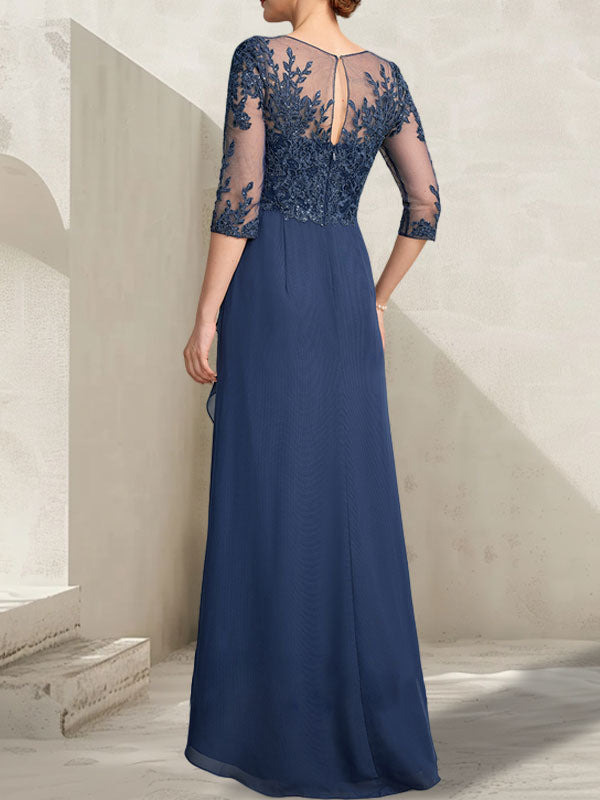 A-Linien-Kleid mit asymmetrischem, transparentem Chiffon-Spitzenausschnitt, Pailletten und Kaskadenrüschen für die Mutter der Braut