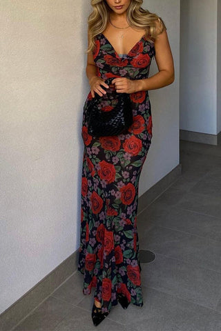 Meridress Adjustable Strap Backless Rose Print Maxi Dress