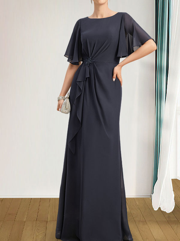 A-Linien-Kleid aus Chiffon in Bodenlänge für die Mutter der Braut mit kaskadenartigen Rüschen, Perlen und Pailletten
