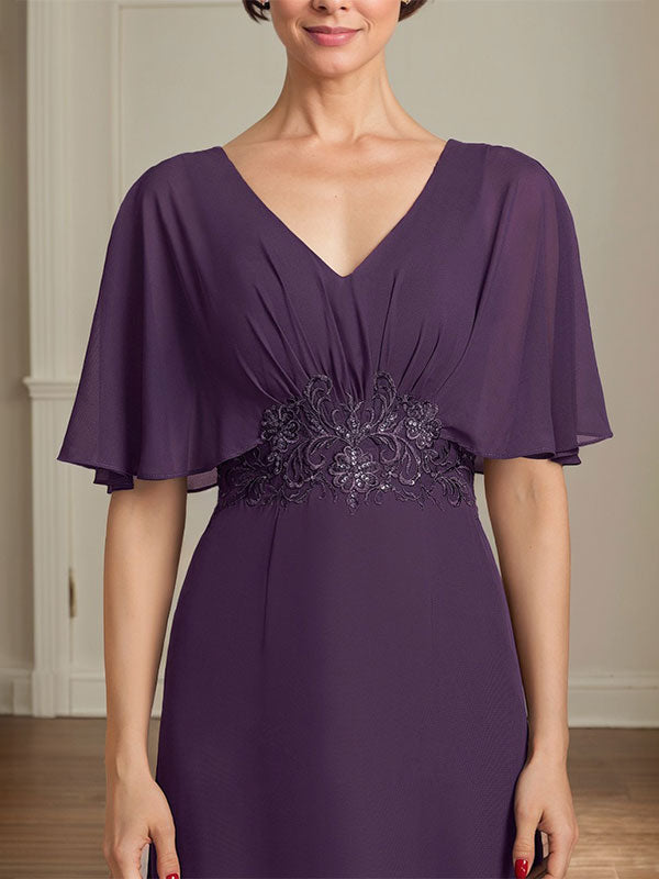 Vestido de gasa para madre de la novia, corte A, escote en V, largo hasta el suelo, con apliques de lentejuelas plisadas y encaje