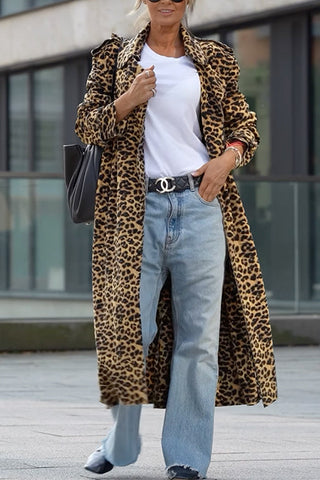 Meridress Revers Offene Vorderseite Leopard Midi Trendy Mantel