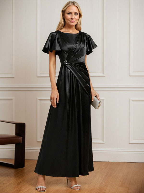 Vestido de madre de la novia de satén elástico con escote redondo y largo hasta los tobillos, corte en A y cuentas plisadas 
