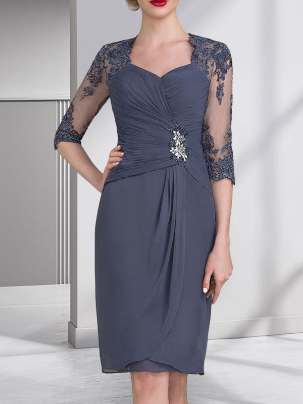 Vestido de gasa para madre de la novia, con escote en forma de corazón, largo hasta la rodilla, con apliques de cuentas, encaje y lentejuelas, plisado.