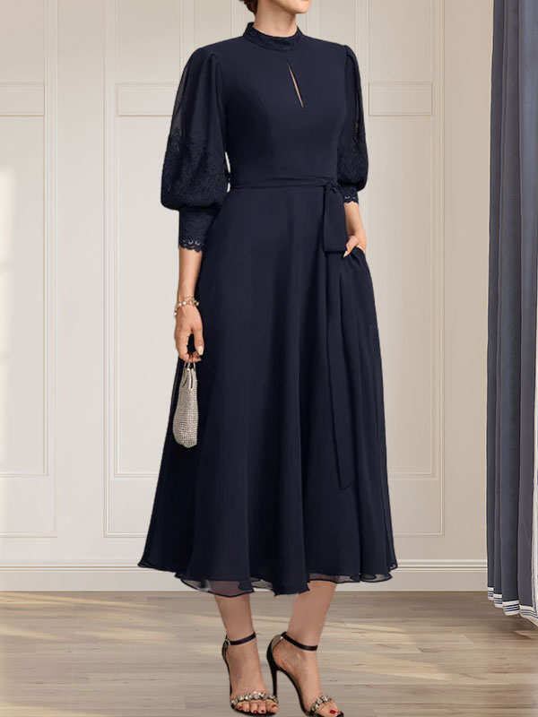 A-Linien-Kleid aus Chiffon mit hohem Kragen, Teelänge und Spitze für die Mutter der Braut, verziert mit einer Schleife
