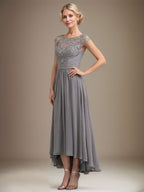A-Linien-Kleid aus Chiffon mit asymmetrischem, plissiertem Spitzeneinsatz und Illusion-Ausschnitt für die Mutter der Braut 