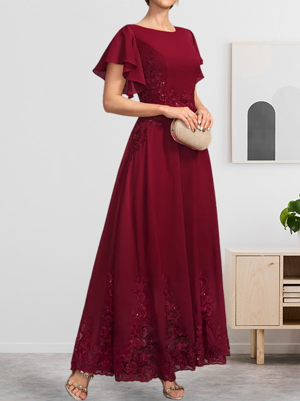A-Linien-Kleid mit Rundhalsausschnitt, knöchellang, aus Spitze und Chiffon, mit Pailletten besetzt
