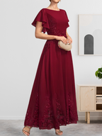 A-Linien-Kleid mit Rundhalsausschnitt, knöchellang, aus Spitze und Chiffon, mit Pailletten besetzt