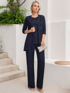 Jumpsuit/Hosenanzug-Set, bodenlanges Chiffon-Spitzenkleid mit Pailletten für die Mutter der Braut mit Rundhalsausschnitt