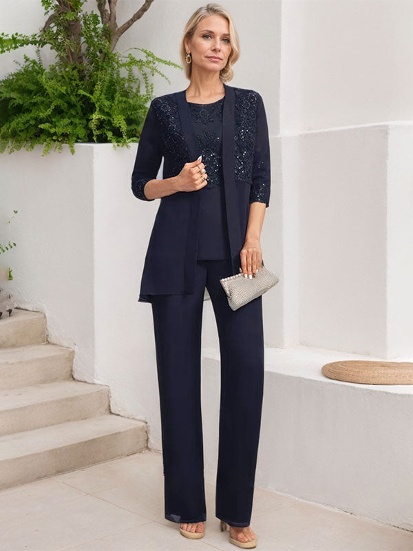 Jumpsuit/Hosenanzug-Set, bodenlanges Chiffon-Spitzenkleid mit Pailletten für die Mutter der Braut mit Rundhalsausschnitt