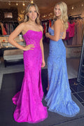 Vestido de fiesta de tul con encaje y abertura, sin tirantes y corte sirena