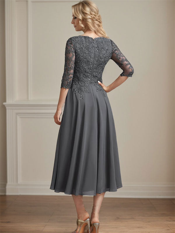 Vestido de gasa con encaje y escote en V, largo hasta la rodilla, para madre de la novia, con lentejuelas y abalorios 