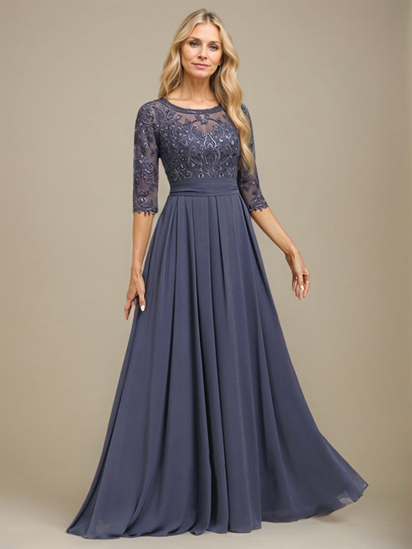 A-Linien-Kleid aus Chiffon mit Paillettenapplikationen und Rundhalsausschnitt, bodenlang, für die Mutter der Braut 
