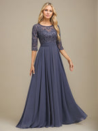 A-Linien-Kleid aus Chiffon mit Paillettenapplikationen und Rundhalsausschnitt, bodenlang, für die Mutter der Braut 