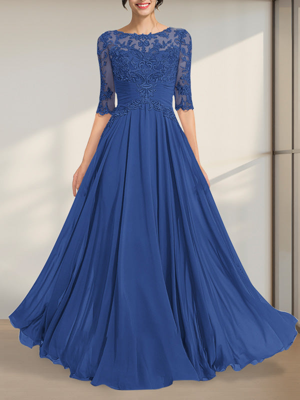 A-Linien-Kleid mit Illusion-Ausschnitt, bodenlang, aus Chiffon und Spitze, mit plissierten Pailletten und V-Ausschnitt für die Mutter der Braut