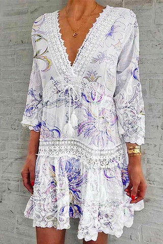 Meridress V Neck Lace Crochet Hollow Out Swing Dress