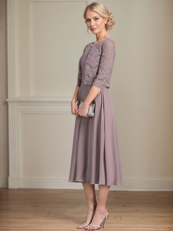Vestido de gasa para madre de la novia, corte A, escote redondo, largo hasta la rodilla, con pliegues