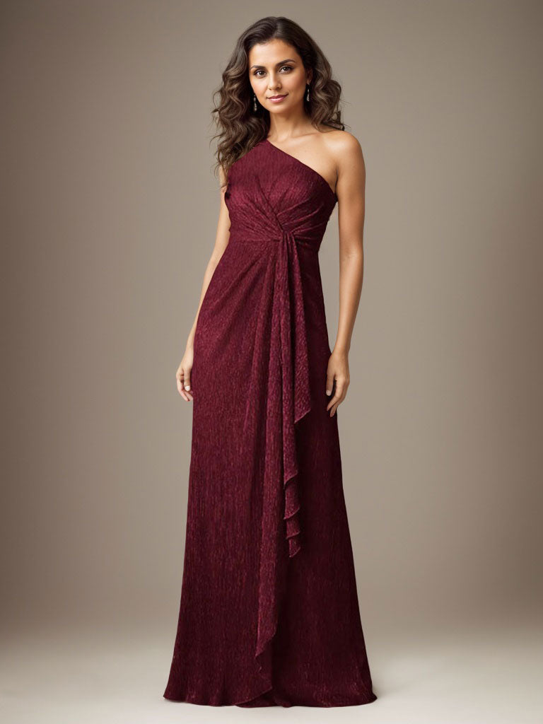 Rubinrotes Etuikleid mit One-Shoulder-Schulter und Metallic-Mesh-Optik, Brautmutterkleid
