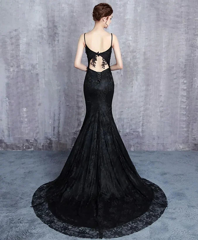 Vestido largo formal de noche tipo sirena con tirantes y cola
