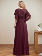 A-Linien-Kleid mit Rundhalsausschnitt, Illusion-Effekt, bodenlang, aus Chiffon und Spitze mit Pailletten – das perfekte Brautmutterkleid 
