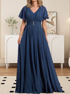 A-Linien-Chiffonkleid mit V-Ausschnitt, bodenlang, für die Mutter der Braut, mit Kristallbrosche und Falten 
