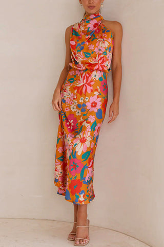 Vestido maxi floral con cintura sin mangas y cuello halter con lazo en la espalda de Meridress
