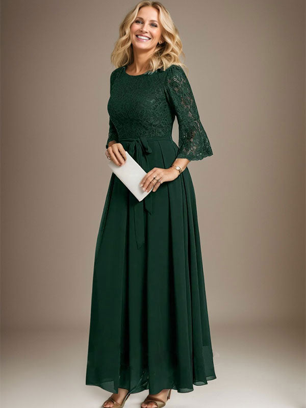 A-Linien-Kleid aus Chiffon mit Rundhalsausschnitt und Schleife, knöchellang, für die Mutter der Braut