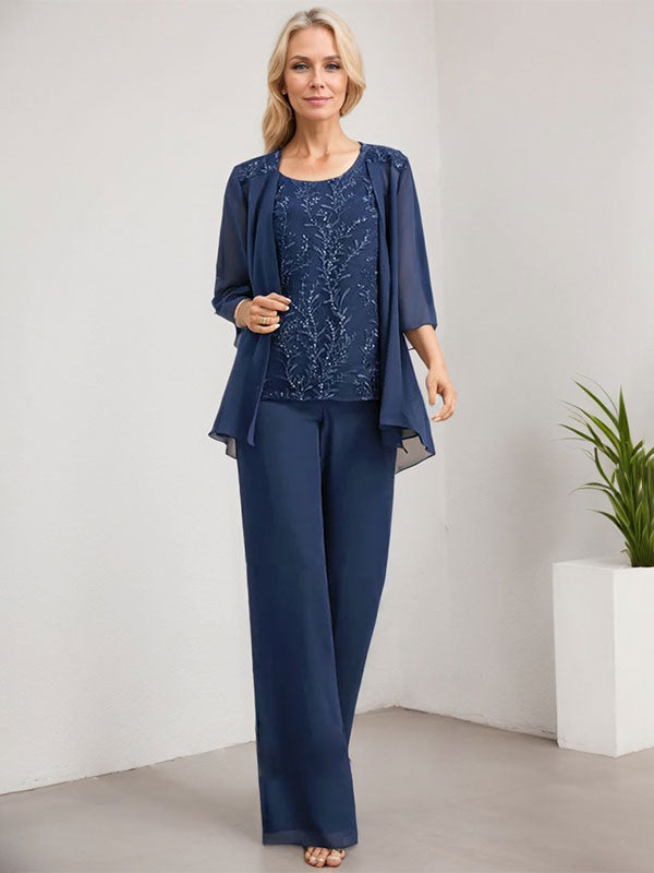 Vestido de madre de la novia de gasa con encaje y lentejuelas, con escote redondo y largo hasta el suelo, con mono/pantalón separado