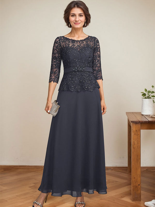 A-Linien-Kleid mit U-Boot-Ausschnitt, Illusion-Detail, knöchellang, aus Chiffon und Spitze mit Strassperlen für die Mutter der Braut. 