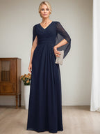 Dunkelblaues, langes A-Linien-Kleid mit V-Ausschnitt für die Mutter der Braut