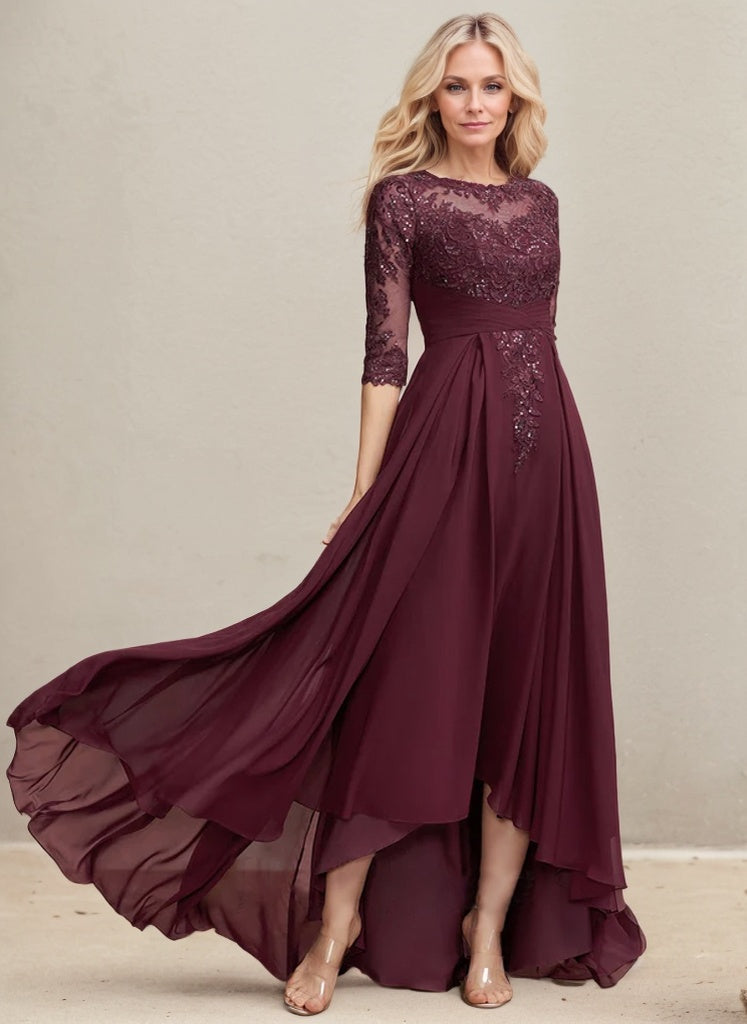 Vestido de madre de la novia de gasa con encaje asimétrico, ilusión, corte A y lentejuelas plisadas 