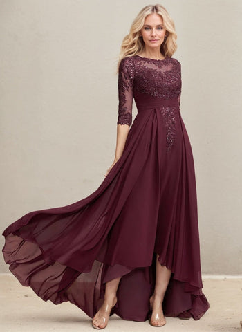 A-Linien-Kleid mit asymmetrischem Ausschnitt, Illusion-Effekt, Spitze und Chiffon, verziert mit plissierten Pailletten, ideal für die Mutter der Braut 