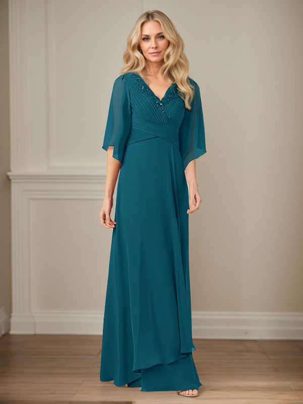 Langes Pailletten-Chiffon-Kleid in A-Linie mit V-Ausschnitt für die Mutter
