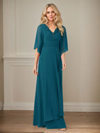 Langes Pailletten-Chiffon-Kleid in A-Linie mit V-Ausschnitt für die Mutter