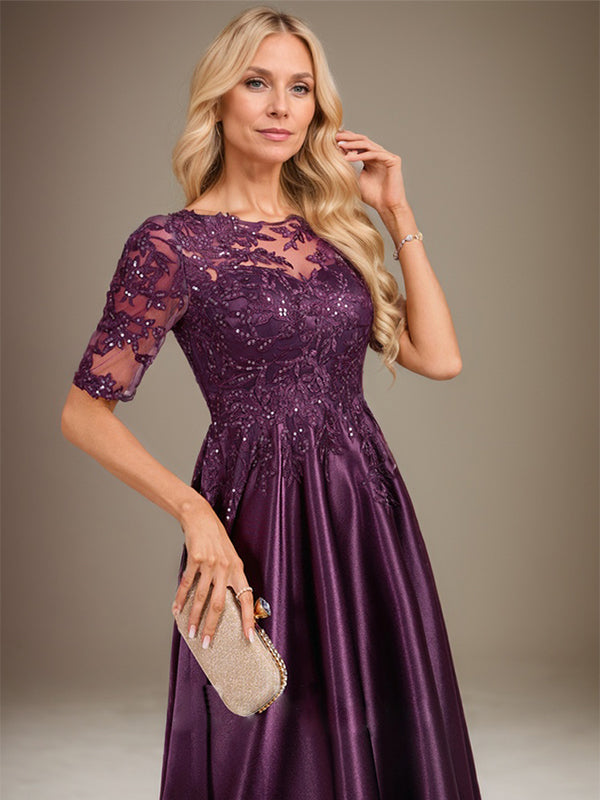 A-Linien-Kleid mit asymmetrischem, transparentem Ausschnitt, Stretch-Satinspitze und Pailletten für die Mutter der Braut 