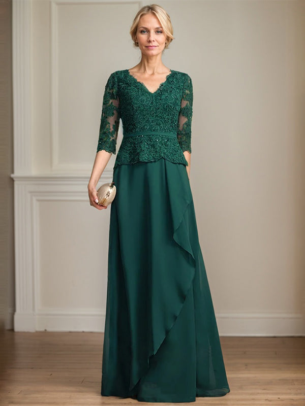 Vestido de gasa con encaje y escote en V hasta el suelo para madre de la novia con volantes en cascada y lentejuelas 
