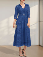 A-Linien-Chiffonkleid mit V-Ausschnitt und Teelänge für die Mutter der Braut