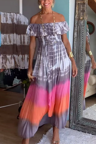 Vestido largo con vuelo y hombros descubiertos, efecto tie dye y abertura alta de Meridress