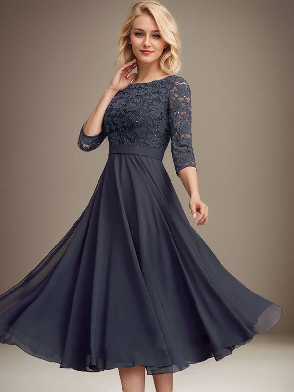 A-Linien-Kleid mit Rundhalsausschnitt, Teelänge, Spitze, Chiffon, Pailletten, für die Mutter der Braut