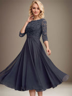A-Linien-Kleid mit Rundhalsausschnitt, Teelänge, Spitze, Chiffon, Pailletten, für die Mutter der Braut
