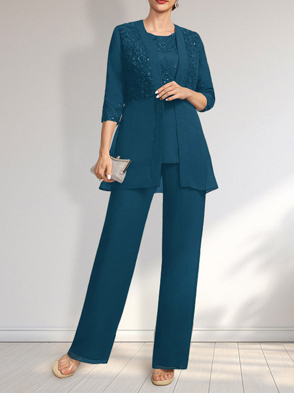 Jumpsuit/Hosenanzug-Set, bodenlanges Chiffon-Spitzenkleid mit Pailletten für die Mutter der Braut mit Rundhalsausschnitt