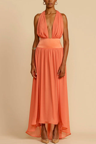 Meridress Deep V Neck Halter Backless Flowy Maxi Party Dress