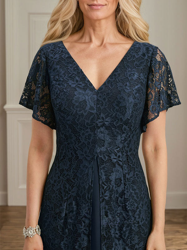 A-Linien-Kleid aus Chiffon mit V-Ausschnitt und Teelänge für die Mutter der Braut 