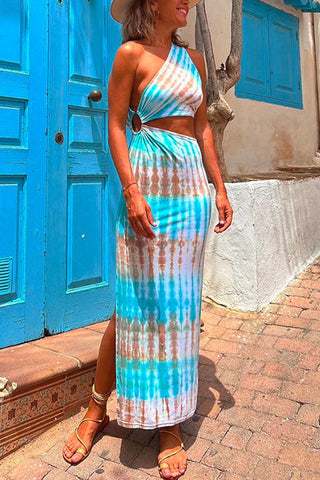 Vestido largo Meridress con un hombro descubierto, abertura lateral en la cintura y efecto tie dye