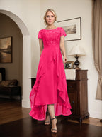 A-Linien-Kleid mit asymmetrischem Chiffon-Spitzenausschnitt, Schleife, Rüschen und Pailletten für die Mutter der Braut 