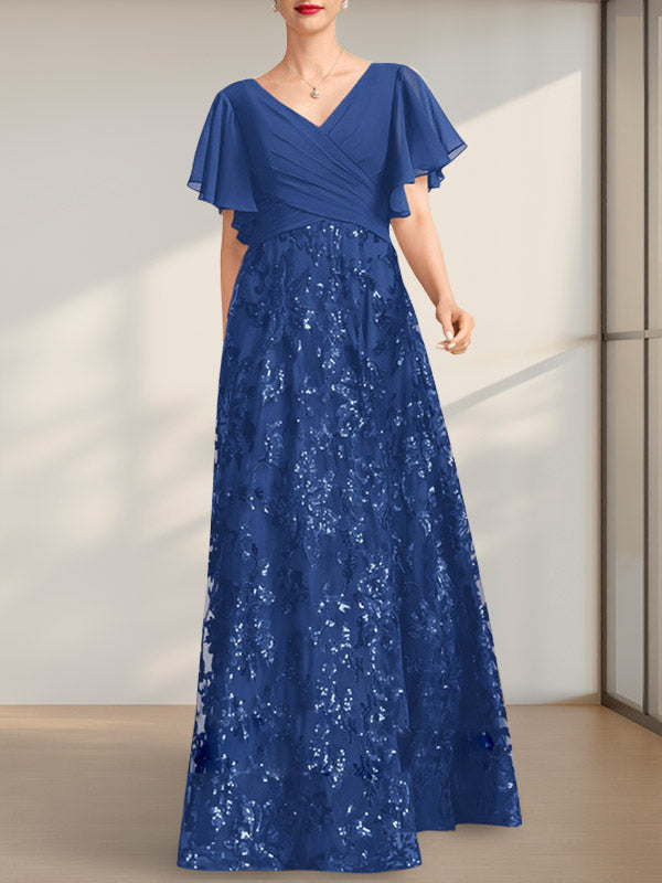 Vestido de madre de la novia de gasa con lentejuelas, encaje, escote en V y largo hasta el suelo, con pliegues
