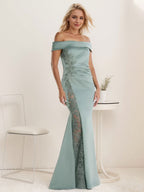 A-Linien-Kleid mit schulterfreiem bodenlangem Schnitt, Applikationen, Perlenstickerei, Meerjungfrauen-Stil und hohem Beinschlitz – perfekt für die Mutter der Braut. 