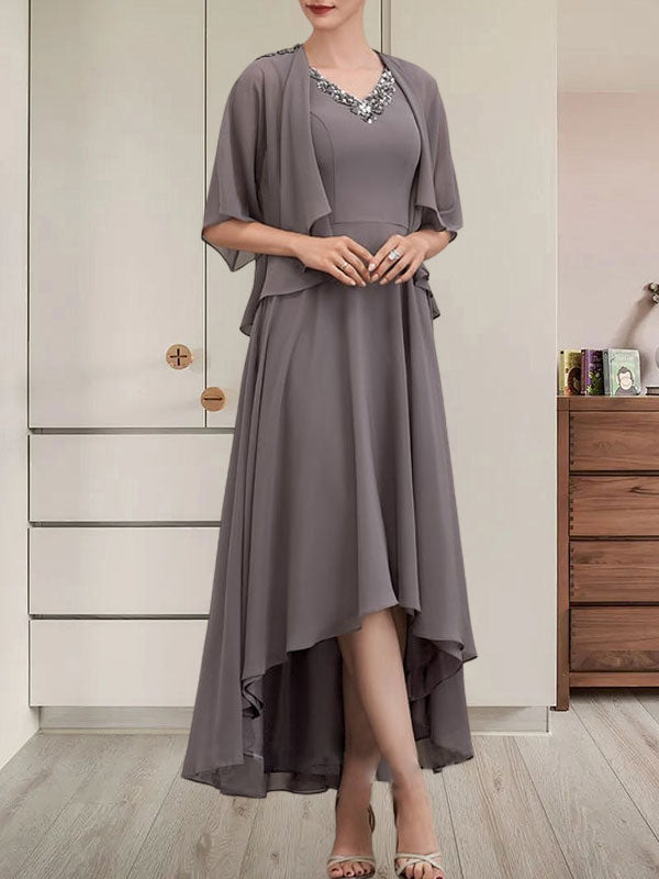 A-Linien-Kleid aus Chiffon mit V-Ausschnitt, asymmetrischem Muster und Perlen- und Paillettenbesatz für die Mutter der Braut